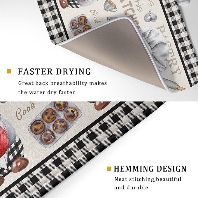 Chef Gnome Dish Drying Mats for Kitchen Counter 18x24 inch, Buffalo Plaid Cooking Utensils Absorbent Dishes Drainer Mat, Reversible Microfiber Quick Dry Rack Pad with Hanging Loop