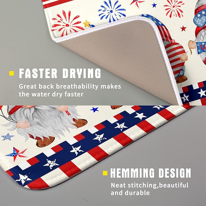 American Gnomes Dish Drying Mat 16x18 for Kitchen Counter, Patriotic Independence Day Decor, Happy 4th of July Microfiber Dishes Drainer Mats Absorbent Foldable Holiday Decor