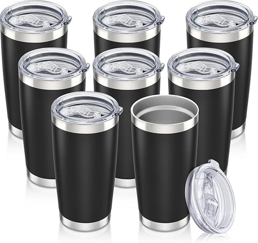 20 oz Tumbler with Lid Stainless Steel Insulated Tumblers Bulk Double Wall Vacuum Cups Powder Coated Travel Mug Keep Drink Cold and Hot, Black, 8 Pack