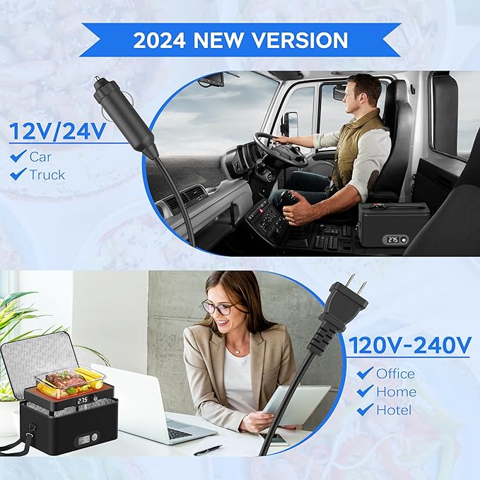 Portable Oven, 12V 24V 110V-240V Car Food Warmer Portable Personal Mini Oven Electric Heated Lunch Box for Meals Reheating & Raw Food Cooking for Road Trip/Camping/Picnic/Family Gathering(Blue)