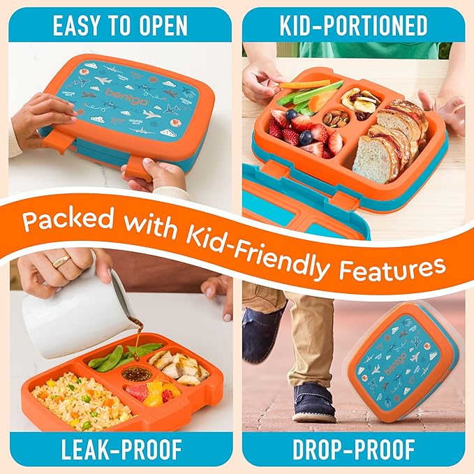 Bentgo Kids Prints Leak-Proof, 5-Compartment Bento-Style Kids Lunch Box - Ideal Portion Sizes for Ages 3-7, Durable, Drop-Proof, Dishwasher Safe, & PFAS & BPA-Free Materials (Planes)