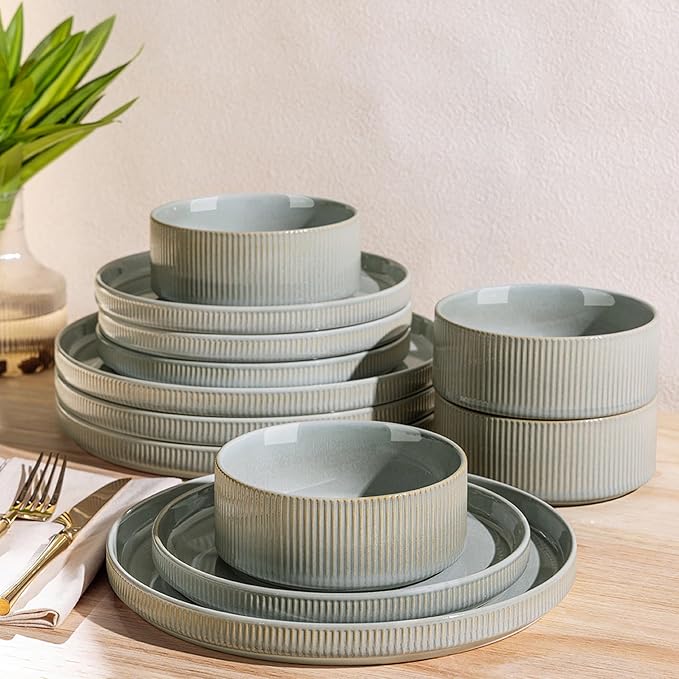 TheTerra Ceramic Dinnerware Sets for 4, 12 Pieces Porcelain Lightweight Plates and Bowls Sets, Scratch Resistant Dish Set, Oven & Microwave & Dishwasher Safe, Desert Sage