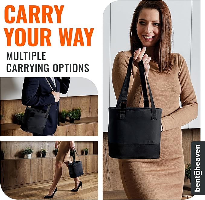 Bentoheaven Insulated Lunch Tote for Work - Durable Materials, Variable Strap/Handle, Wide Opening - Cooler Lunch Bag for Women & Men - Fits all major Bento Lunch Boxes and Other Containers (Black)