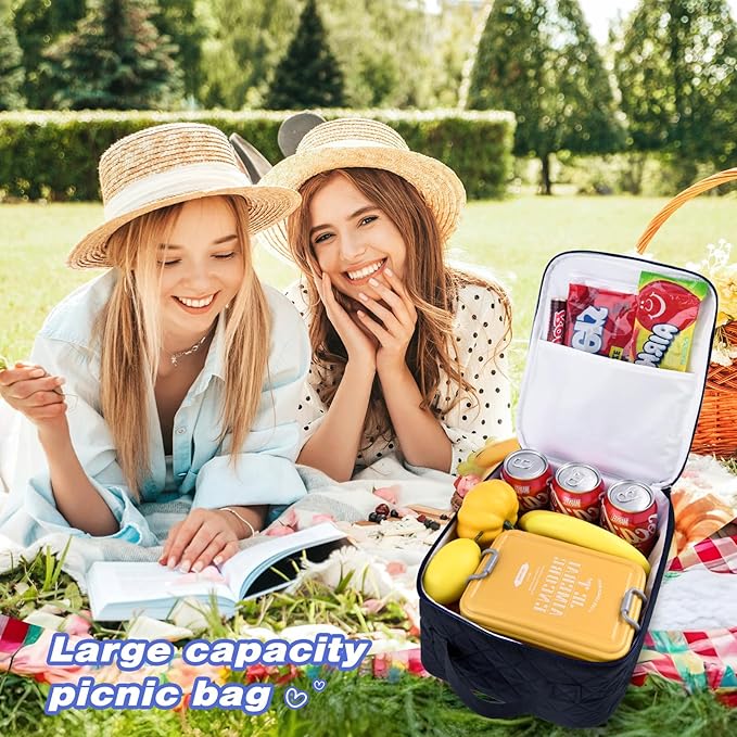 Aileam Lunch Box Lunch Bag for Women Cute Girls Lunch Box Insulated Womens Lunch Bag For Work Quilted Large Capacity Reusable Insulated Cooler for Work School Picnic Travel, Navy Blue