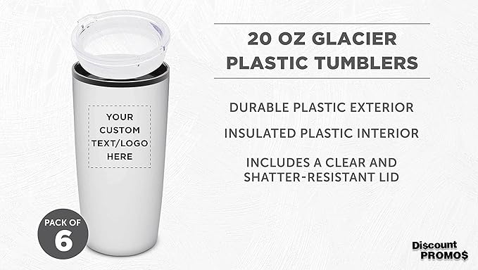 Custom Plastic Tumblers 20 oz. Set of 6, Personalized Bulk Pack - With lids, Ice Coffee Tumbler, To Go Cup, Insulated - White