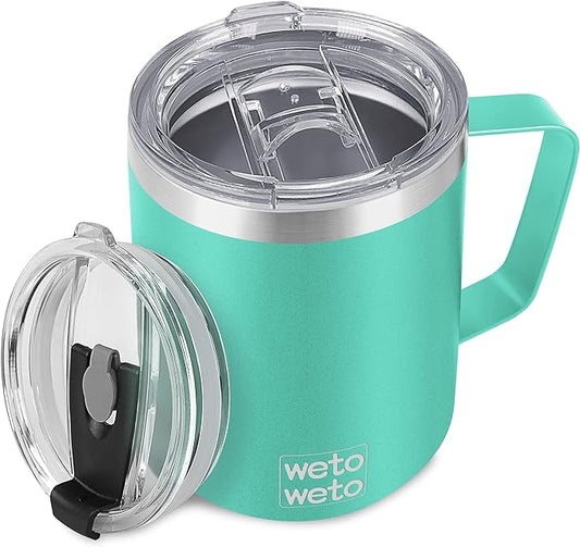 WETOWETO 14 oz Coffee Mug, Vacuum Insulated Camping Mug with Lid, Double Wall Stainless Steel Travel Tumbler Cup, Coffee Mugs Outdoor, Powder Coated Aquifer Blue