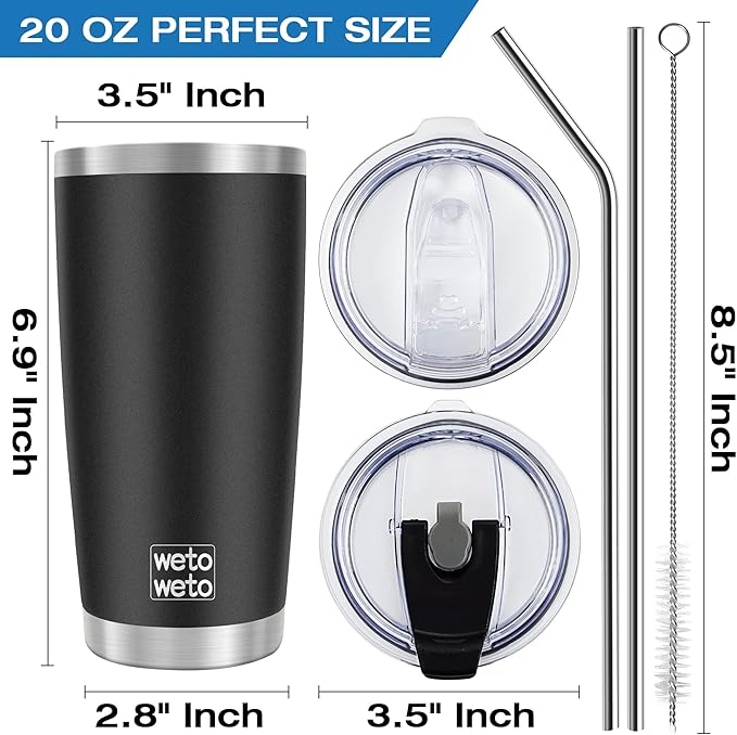 WETOWETO 20oz Tumbler with 2 lids and 2 straws, Stainless Steel Vacuum Insulated Coffee Tumbler Cup, Double Wall Powder Coated Leak-proof Travel Coffee Mug Cup (Black, 1 Pack)