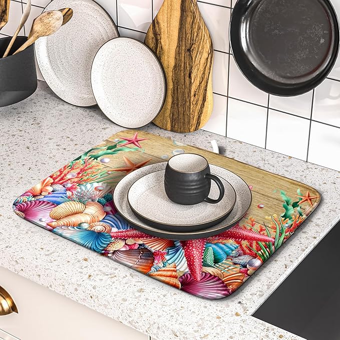 Summer Ocean Dish Drying Mat - Starfish Seashells Absorbent Kitchen Countertop Drying Pad 16 X 18 Inch