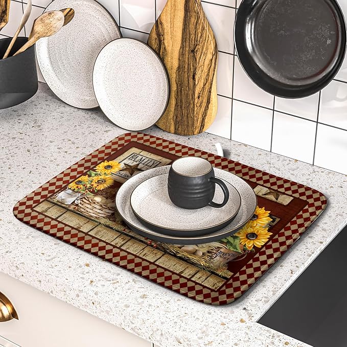 Vintage Rooster Dish Drying Mat 16x18 Inch Farmhouse Chicken Dish Drainer Pad Microfiber Absorbent Fast Dry Kitchen Counter Accessories