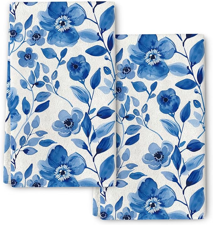 Blue Flower Kitchen Dish Towels Set of 2, Watercolor Floral Tea Towels for Kitchen Baking Cooking Spring Summer Holiday Home Decor 16"x24", Soft Absorbent Modern Hand Drying Cloth