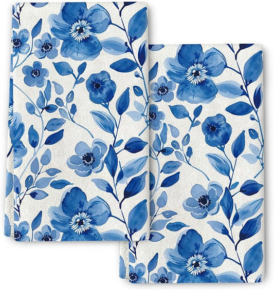 Blue Flower Kitchen Dish Towels Set of 2, Watercolor Floral Tea Towels for Kitchen Baking Cooking Spring Summer Holiday Home Decor 16"x24", Soft Absorbent Modern Hand Drying Cloth