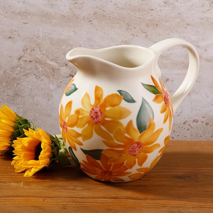 Bloomhouse Pitcher & Vase Hand-Painted Sunnyflower 2.6-Quart Stoneware