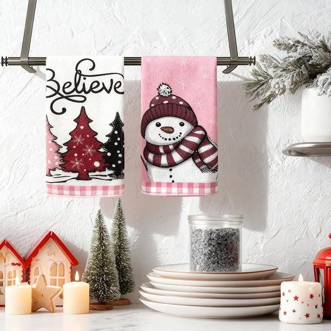 Pink Buffalo Plaid Christmas Kitchen Towels Set of 2 | 18x26 Inch Dish Towels with Snowman & Tree Holiday Decor for Winter Home & Bath