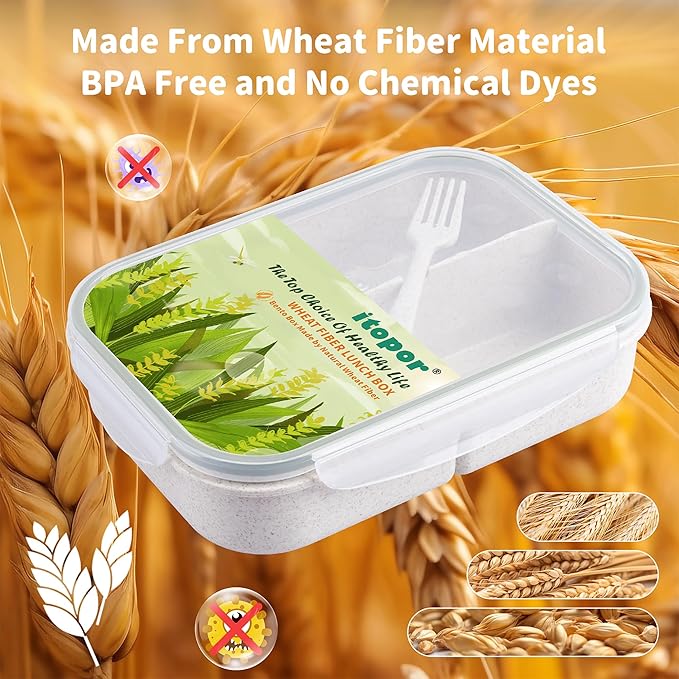 Wheat Fiber Bento Box Adult Lunch Box, Leak-Proof Lunch Containers for Adults Men Women & Kids, 5.5 Cup Regular Size with Utensil, Microwave & Dishwasher Safe, White