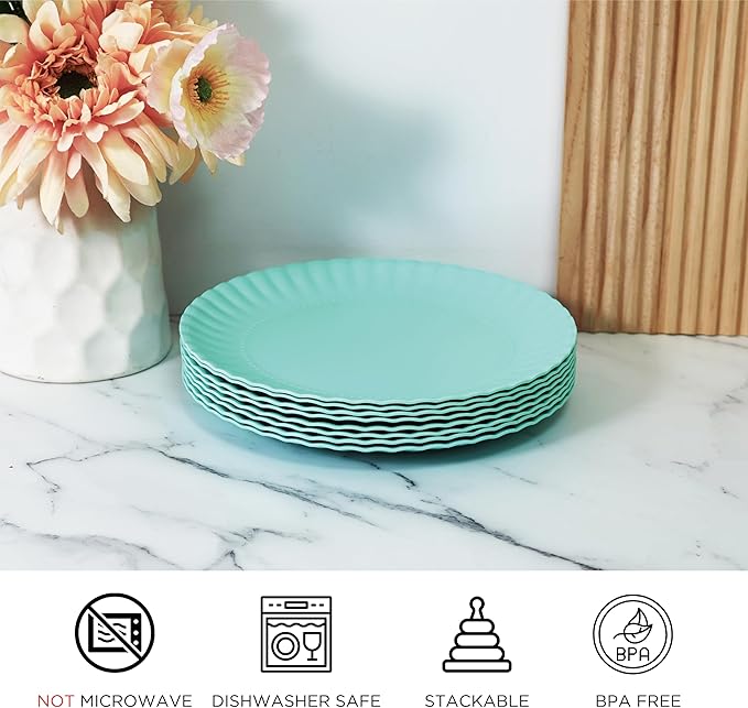 TP 6-Piece Melamine Plates Set, 10.5-Inch Reusable Dinner Plates for Picnic, Party, BBQ & Camping, Dishwasher Safe Lightweight Tableware, Teal