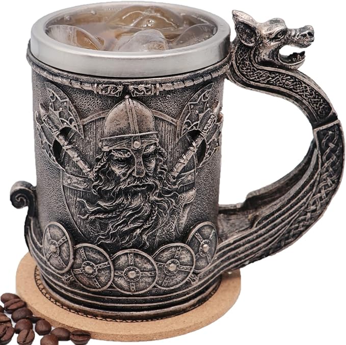 Medieval Viking Mug Beer Stein Tankard,Stainless Steel Drinking Tankard Mug Coffee Cup,Norse Mythology Poetic Gothic Decor Party Decoration Drinkware Gift for Men18OZ(Drakkar Warrior)