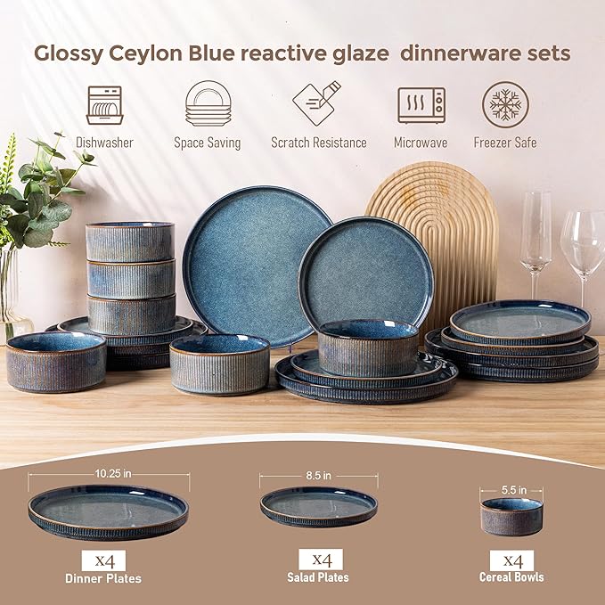 GBHOME Stoneware Dinnerware Sets for 4,Round Reactive Glaze Ceramic Plates and Bowls Set,Highly Scratch Resistant | Dishwasher & Microwave Safe Dishes Set,Service for 4(12Pcs)