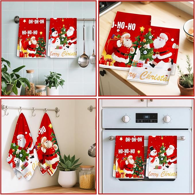 2PC Christmas Kitchen Towels,Red Dish Towels Xmas Absorbent Christmas Towels Decoration Winter Holiday Snowman Housewarming Gift for Kitchen Hand Towel 18 x 27 Inch