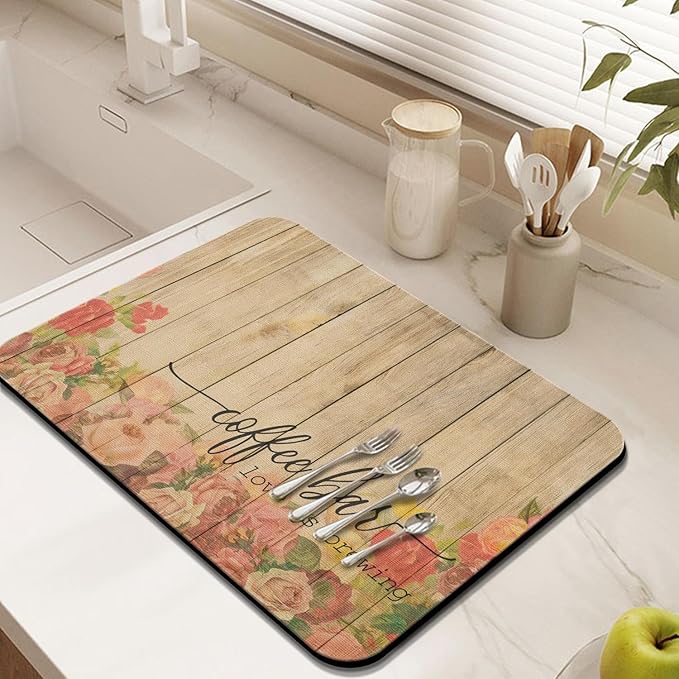 Rubber Dish Drying Mat for Kitchen Counter Large Coffee Bar Washable Quick Home Coffee Pad Fit Under Sink,Bar,Utensils or Stemware (24x18in)
