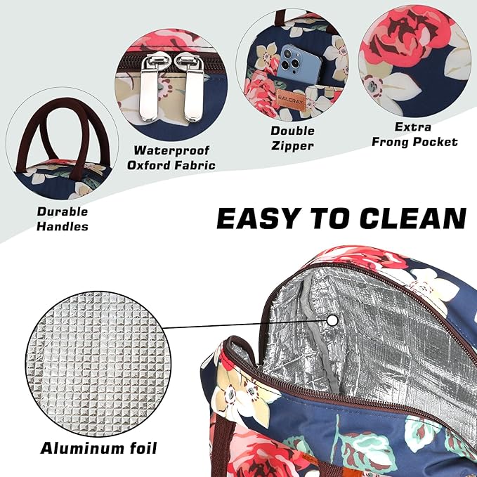 BALORAY Lunch Bag for Women Men Cute Reusable Insulated Lunch Box Large Capacity Lunch Tote Bag for Work, Picnic or Travel(Blue With Big Flower)
