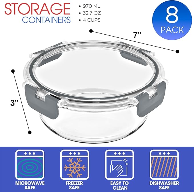 Sorbus 16pc Glass Meal Prep Containers Set – 8 Round 32oz Containers with Airtight Lids – Freezer, Dishwasher, Oven Safe – Reusable Food Storage Bowls, 4 Cup Capacity for Meal Prep and Storage Grey