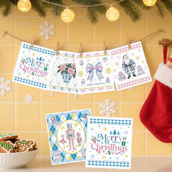 Christmas Swedish Dishcloths for Kitchen - 6PCS Nutcracker Swedish Cloths for Washing Dishes, Santa Bow Reusable Dish Towels Gifts, Merry Christmas Washable Cleaning Sponge Fast Drying