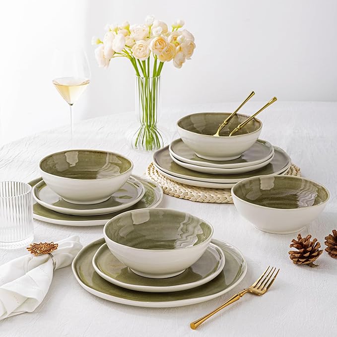 Leratio Ceramic Dinnerware Sets for 4,Porcelain Plates and Bowls Sets with Wavy Edge,Microwave & Dishwasher & Oven Safe,Light Weight & Scratch Resistant Dishes Sets-Service for 4 (12pcs)