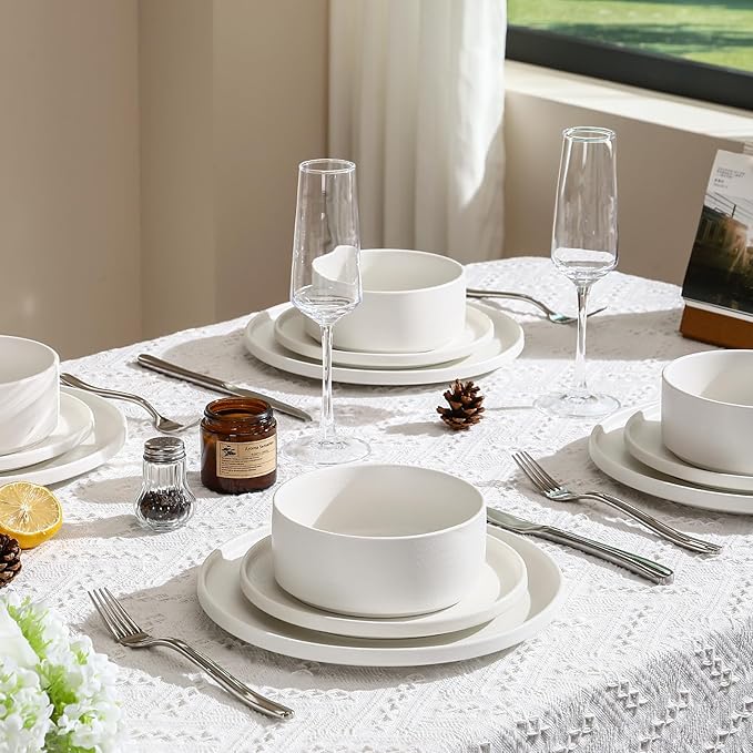 GZG Classic Series - Plates and Bowls Set for 4, 12 Piece Stoneware Dinnerware Sets, Microwave and Dishwasher Safe Lead-Free Handcrafted Ceramic Dishes Set - Ivory White