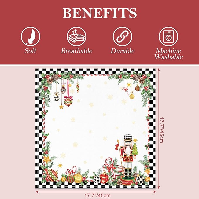Christmas Nutcracker Napkins, 18×18 Inch Dinner Cloth Napkins Set of 6, Washable Cotton Soft Absorbent Square Table Top Decoration for Dining Kitchen Party Wedding