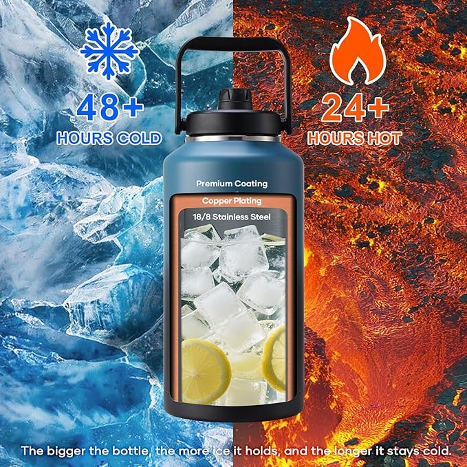 BUZIO 2 Gallon Water Bottle Insulated, (Cold for 48 Hrs) 256oz Extra Large Water Jug Stainless Steel, 4.4in Big Wide Mouth Leak Proof Metal Flask with Handle for Camping,Work,Travel, Indigo Black