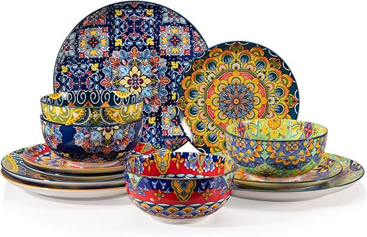 Sweejar Ceramic Dinnerware Sets for 4,12 Pieces Boho Plates and Bowls for Kitchen,Housewaring Gift,Bohemian Style Dish Set,Dishwasher and Microwave Safe(Colorful)