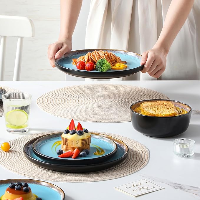 vancasso Plates and Bowls Sets, 24 Pieces Stoneware Dinnerware Sets for 8, Kitchen Dish Set Mircowave and Dishwasher Safe Dinner Set Ceramic Dishware, Sky Blue, Series AMBER