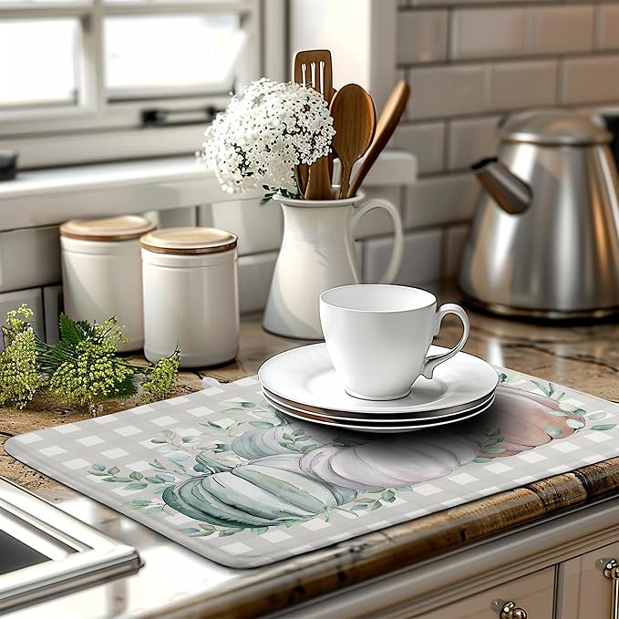 Thanksgiving Fall Dish Drying Mat Pumpkin Dish Drying Pad Autumn Large Dish Drying Matt Absorbent Dish Drainer Mat for Kitchen Counter Decor XL Coffee Maker Mat18x24 In