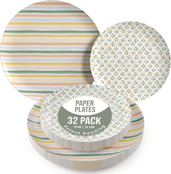 Trendables Heavy Duty Paper Plates Set For 16 Guests - 16 Each Of 8-inch And 10-inch Disposable Plates For Party - Fancy 32 Piece Dinnerware Set For All Occasions | Floral Design, Folk