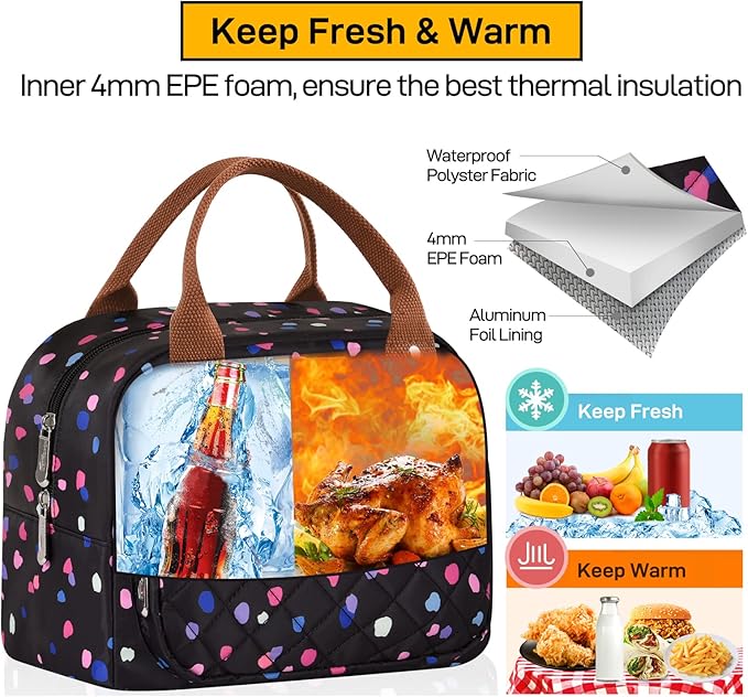 Buringer HOMESPON Lunch Bag for Woman Man Adults with Front Pocket Insulated Lunch Tote Lunch Box Container for Work Picnic or Travel（Multi Dots）