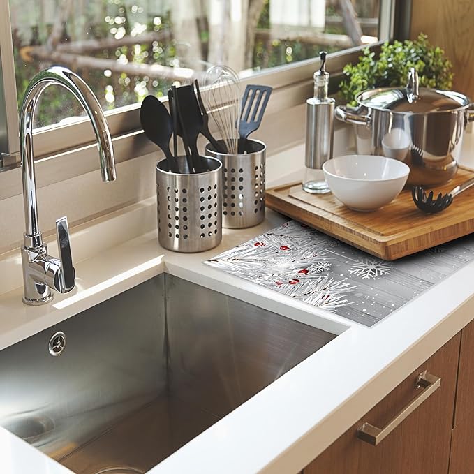 Snowflakes Dish Drying Rack Mats Decor,Christmas Silver Tree Branch Dish Pad Drying Mat Kitchen Counter 18x24 Inch Absorbent Reversible Microfiber for Coffee Bar Sink Countertop