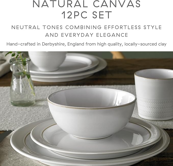Denby - Natural Canvas Coupe Dinner Set For 4-12 Piece Stoneware Tableware Set - Dishwasher Microwave Oven Safe - Scratch Chip Resistant