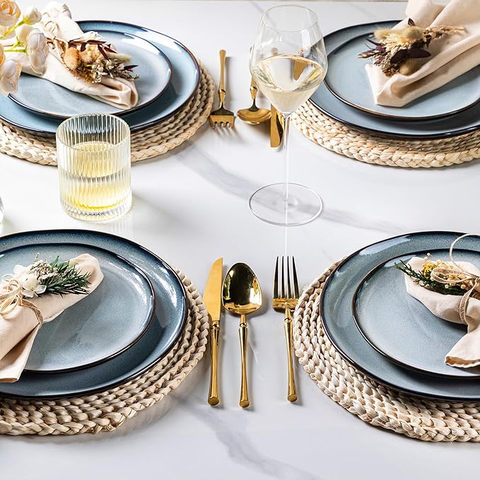 LeRatio Ceramic Dinnerware Sets for 4,Wavy Reactive Glaze Stoneware Plates and Bowls Sets,Highly Scratch Resistant | Dishwasher & Microwave,Oven Safe Dishes Set(12PCS)