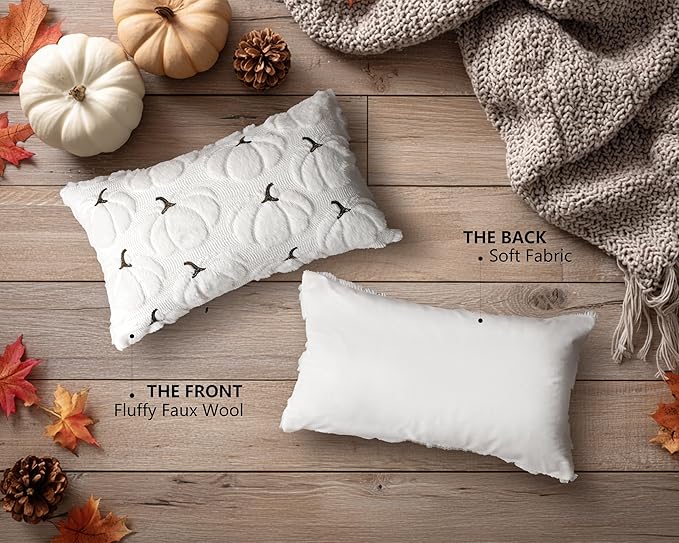 4TH Emotion Fall Pumpkins Decorative Lumbar Pillow Covers 12x20 Set of 2, White Soft Plush Faux Fur Wool Farmhouse Throw Cushion Cases for Autumn Thanksgiving Holiday Home Decorations