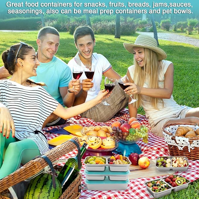 Stainless Steel Reusable Snack Containers with Lids, Grab and Go Double Compartments Snackle Box Containers, Small Sauce Condiment Containers for Travel,School,Camping, Dishwasher Safe, 4 Pack, 15.2oz