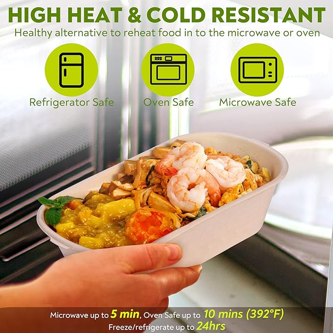 37 Oz Bamboo Disposable Food Containers, 50 Pack - Heavy Duty, Microwavable, Oven Safe - Perfect For Meal Prep, Salads, Lunch, To Go Food - Biodegradable (Brown)