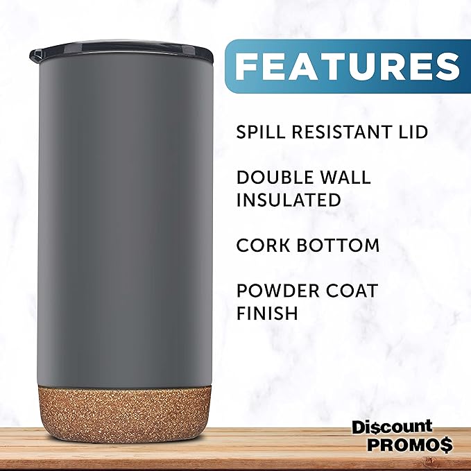 DISCOUNT PROMOS Travel Tumblers with Cork Bottom 16 oz. Set of 10, Bulk Pack - Double Wall Insulated, Matte Finish, Perfect for Iced Coffee, Soda, Other Beverages - Grey