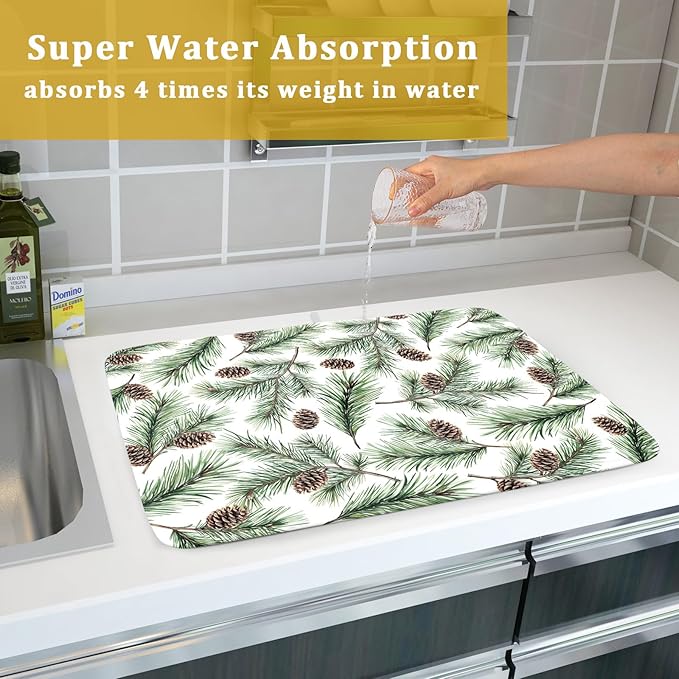 Winter Dish Drying Mat for Kitchen Counter Pine Needle Cone Festival Xmas Microfiber Absorbent Dish Draining Reusable Washable Foldable Extra Large 18"x24"