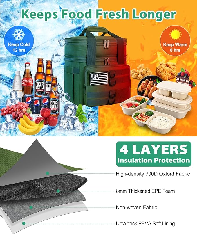 Tactical Lunch Box for Men, Large Insulated Lunch Bag for Adult, Heavy Duty Double Deck Expandable Lunch Cooler Bag with American Flag, Leakproof Soft Lunch Pail for Work Office Camping - Green