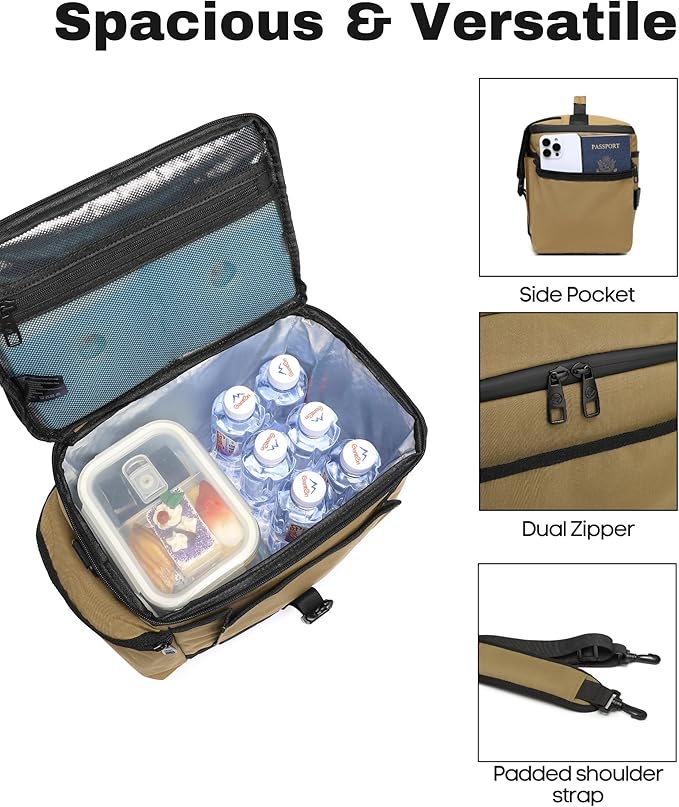 SUNNY BIRD Large Lunch Bag, Thermally Insulated Soft Cooler with Shoulder Strap for Women, Men (Bark Brown)