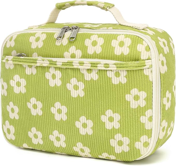Bluboon Kids Girls Lunch Bag Insulated Lunch Box for school Corduroy Lunch Cooler Organizer School Kids Lunch Tote (Corduroy-Brown) (Beige Flower Green)