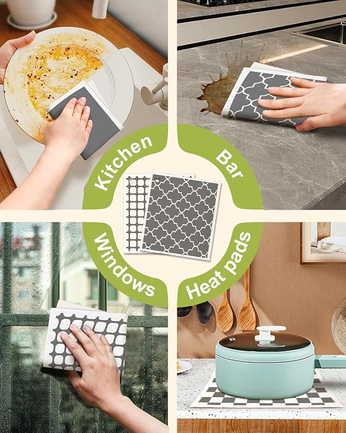 6 Pack Swedish Dishcloths for Kitchen - Reusable Dish Cloths for Washing Dishes Absorbent Cute Funny Kitchen Towels Cleaning Sponge, Grey Checked