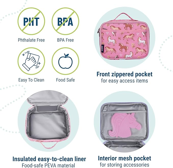 Wildkin Kids Insulated Lunch Box – Durable and Reusable for School & Travel - Wild Horses