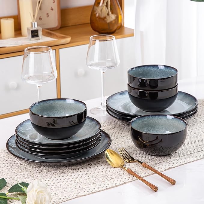 LERATIO Ceramic Dinnerware Sets for 4,Stoneware Coupe Plates and Bowls Sets,Highly Chip and Crack Resistant | Dishwasher & Microwave & Oven Safe Dishes set,Reactive Glaze Dinnerware- Service for 4