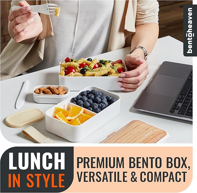 Bentoheaven Premium Bento Box Adult Lunch Box with Compartments for Women & Men, Set of Utensil & Chopsticks & Dip Container, Cute Japanese Kids Bento Lunch Box, Microwavable (Bright Light)